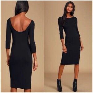 Lulus Women’s XS Black Deep Neck Back Bodycon Dress Long Sleeve